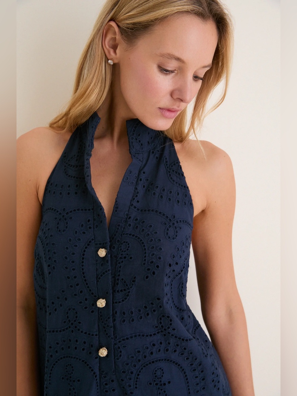 Tuckernuck Navy Eyelet Halter Midi Dress - Picture 3 of 12
